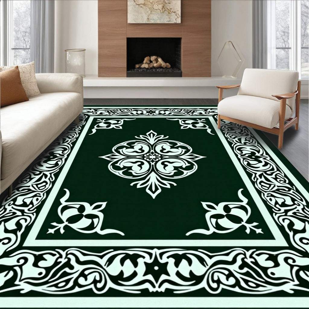 Ornate Dark Green White Medallion Border Rug