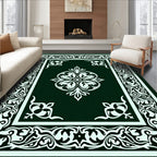 Ornate Dark Green White Medallion Border Rug