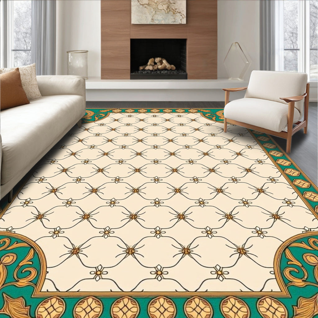 Ornate Teal Gold Courtly Lattice Rug