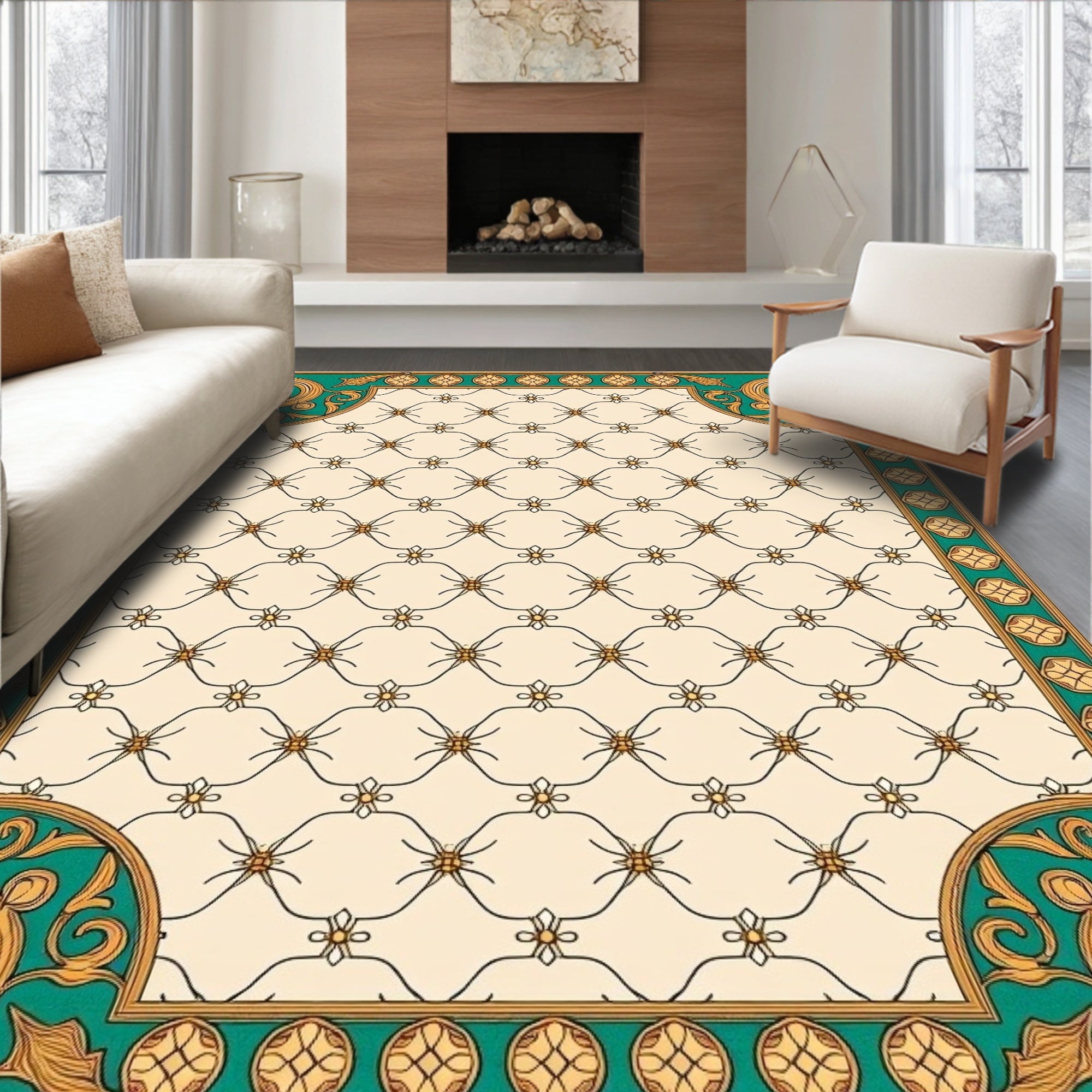 Ornate Teal Gold Courtly Lattice Rug