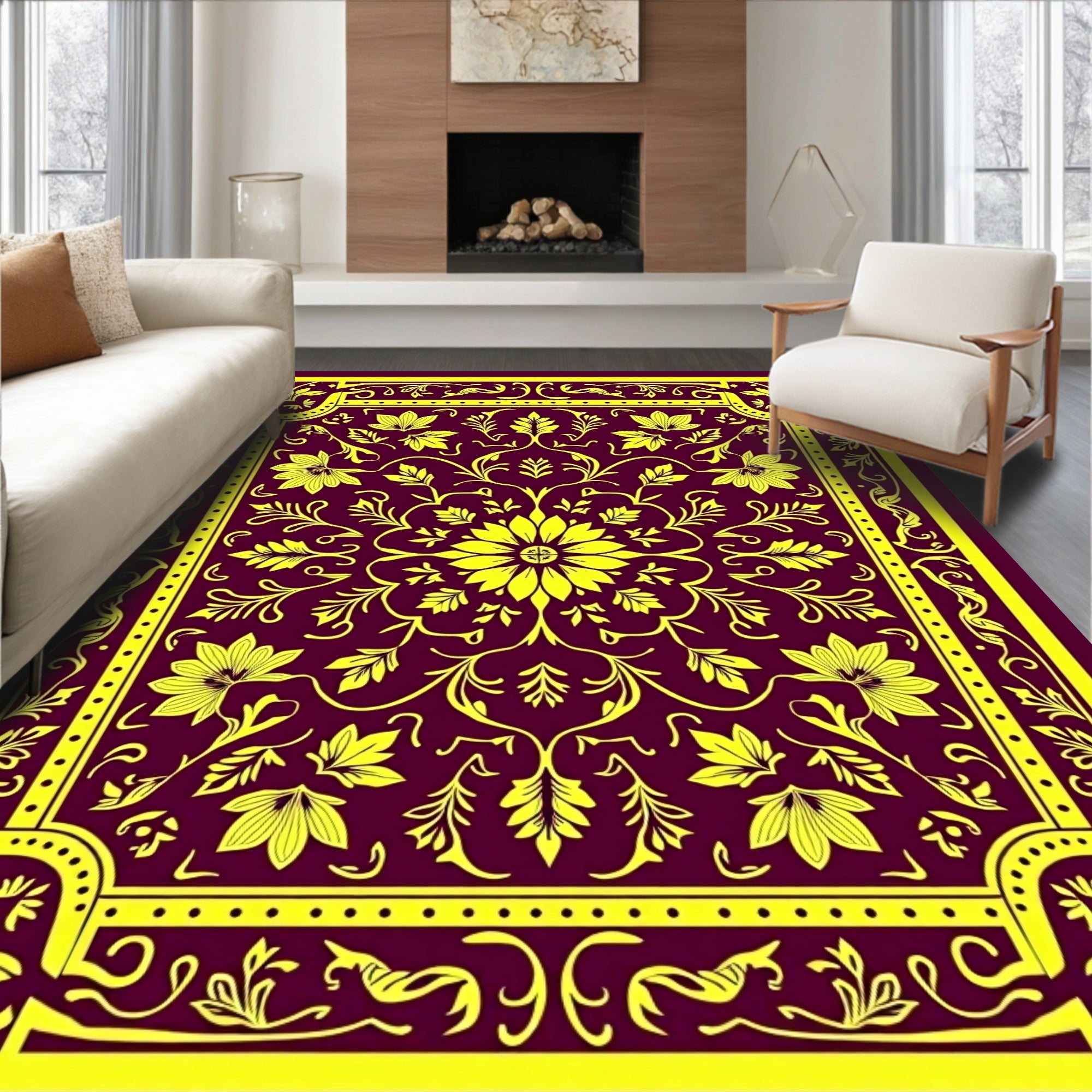 Yellow Floral Medallion Burgundy Border Rug