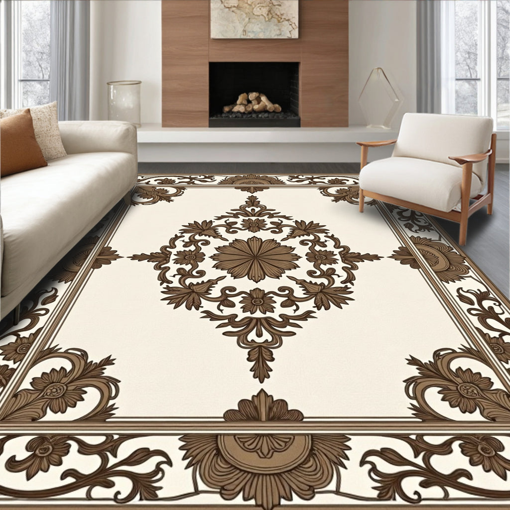 Classic Brown Floral Medallion Border Rug