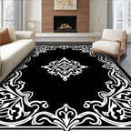 Ornate Black and White Floral Arabesque Rug