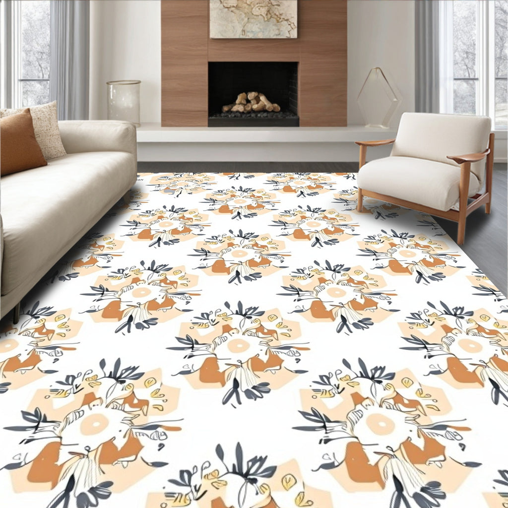 Terracotta Floral Hexagon Sketch Rug