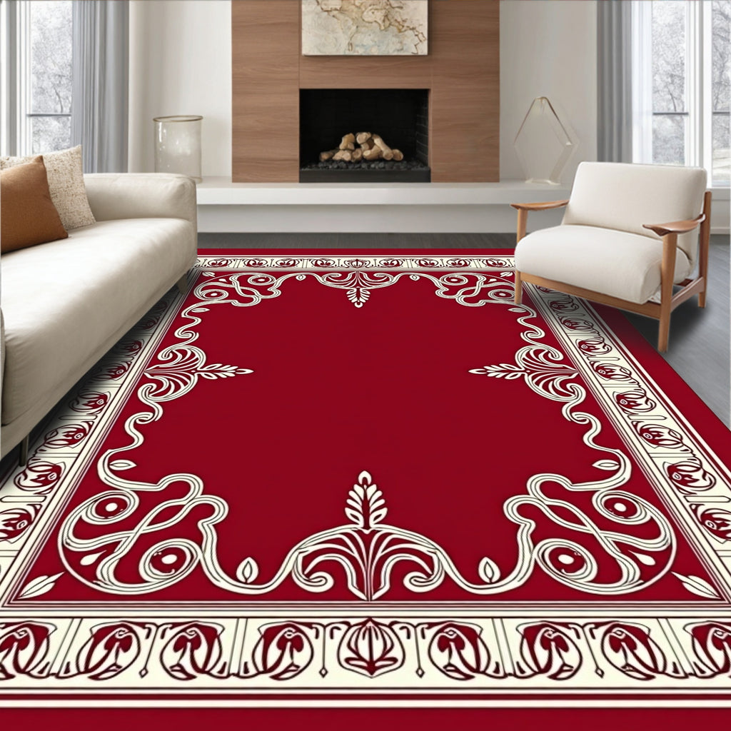 Crimson Ivory Elaborate Scroll Frame Rug