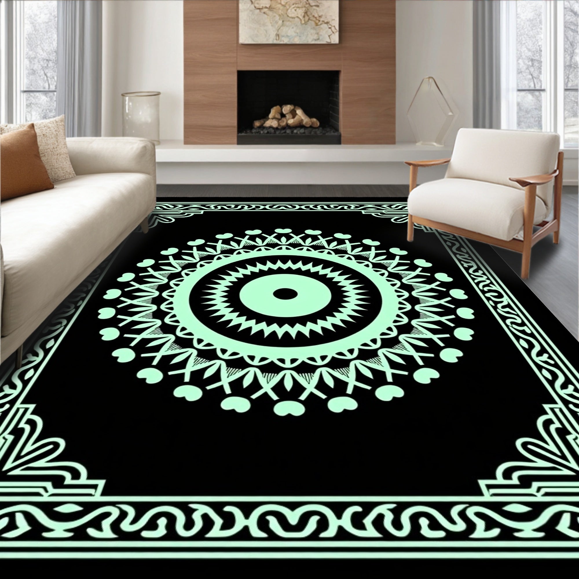 Mint Green Ornate Mandala Border Rug