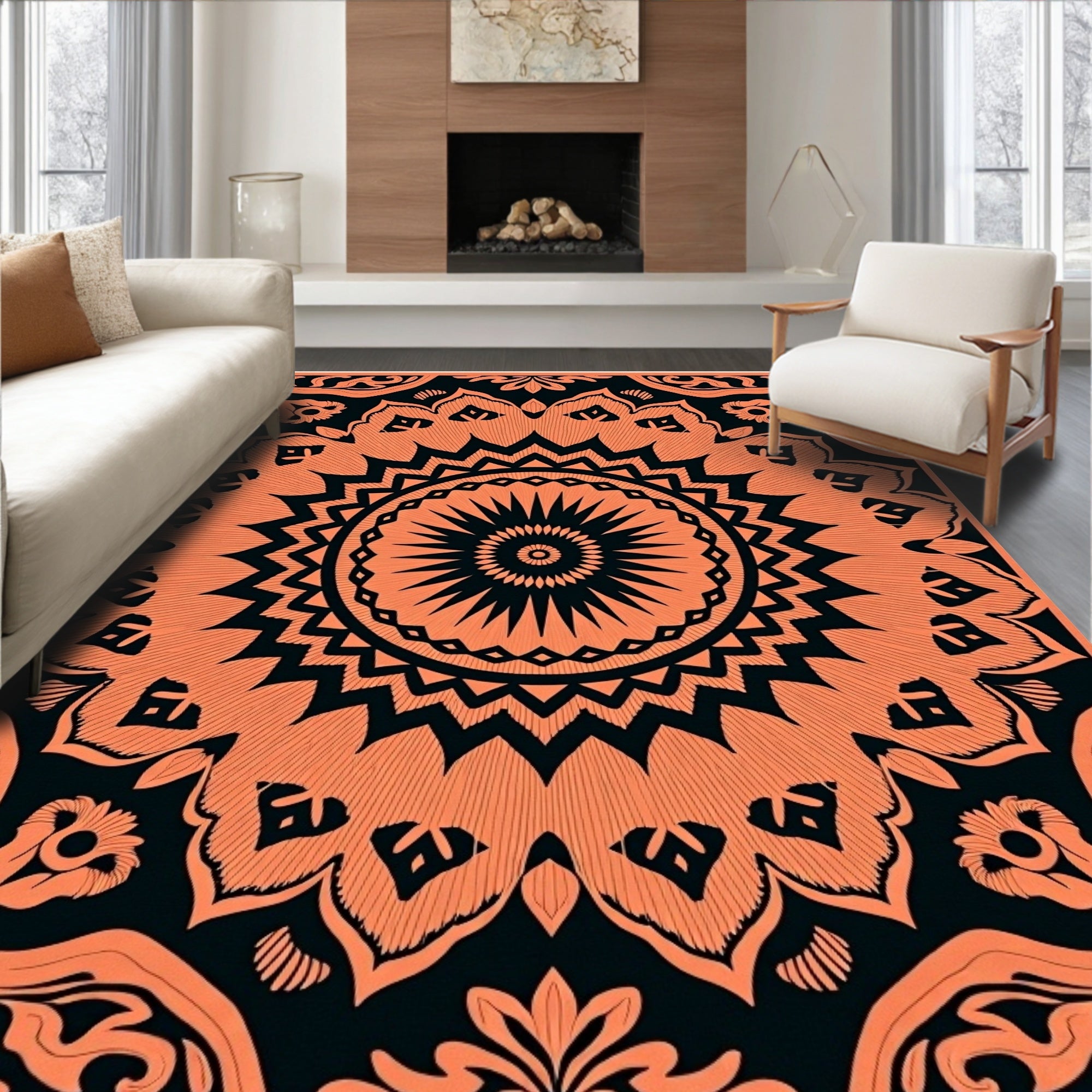 Coral Black Intricate Mandala Rug