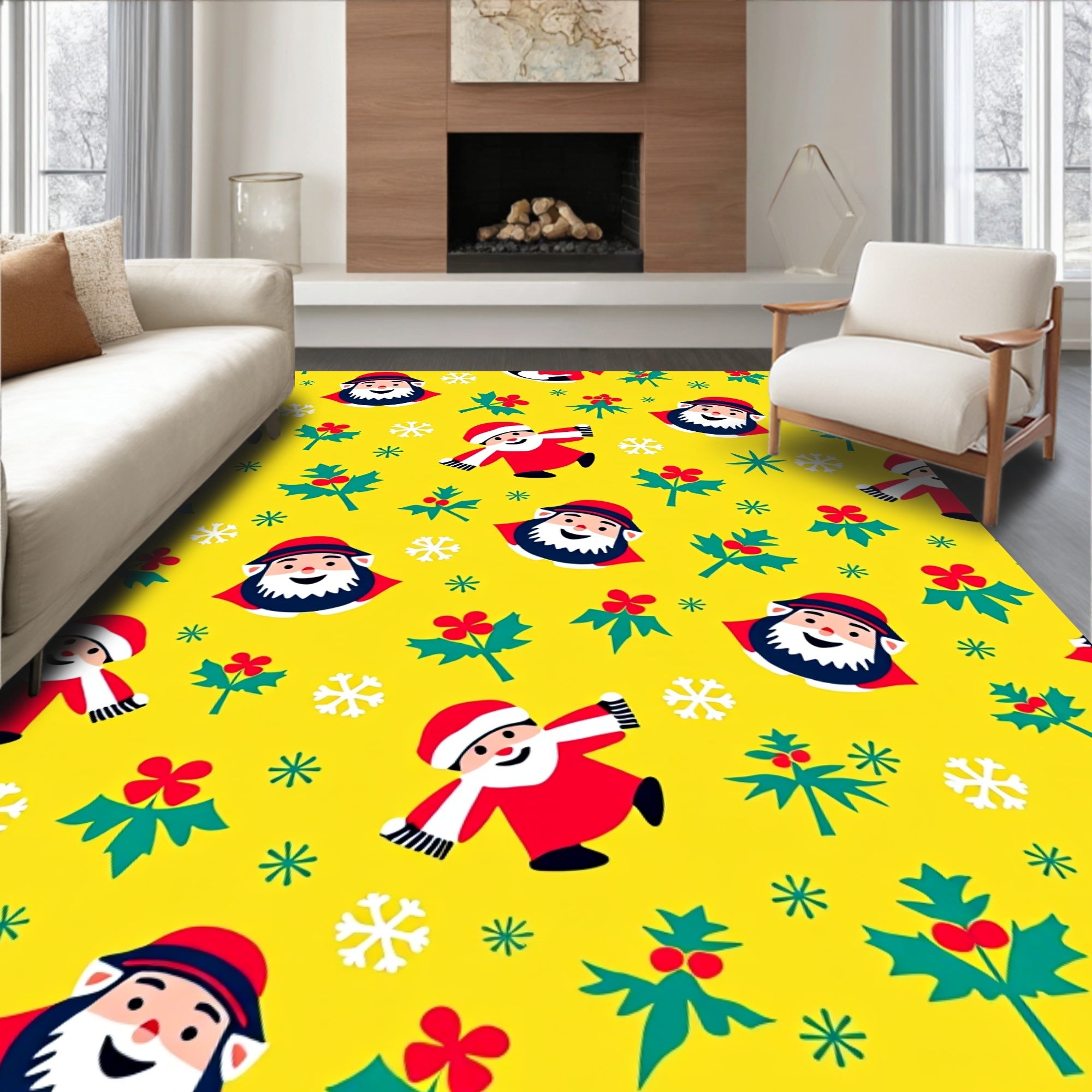 Cheerful Yellow Santa Claus Holly Snowflakes Rug