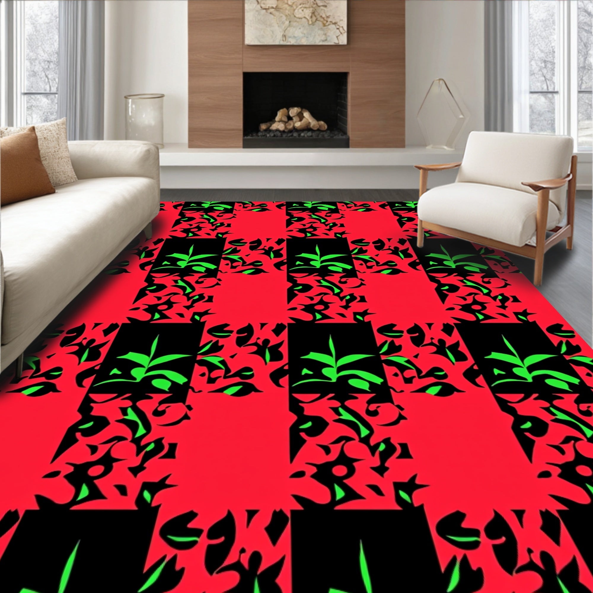 Bold Red Green Abstract Checkered Rug
