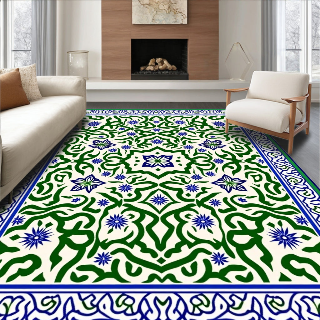 Green Blue Arabesque Floral Medallion Rug