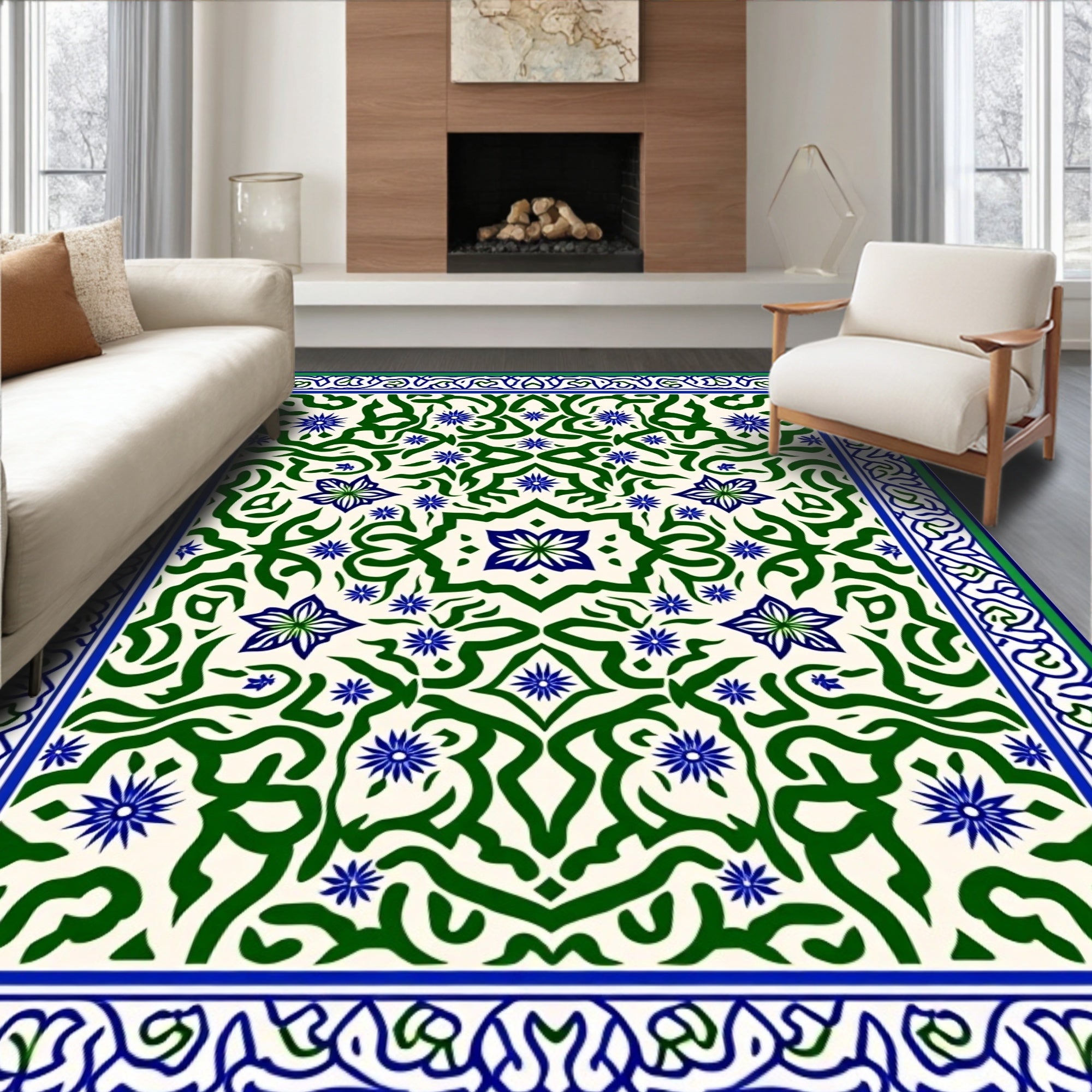 Green Blue Arabesque Floral Medallion Rug