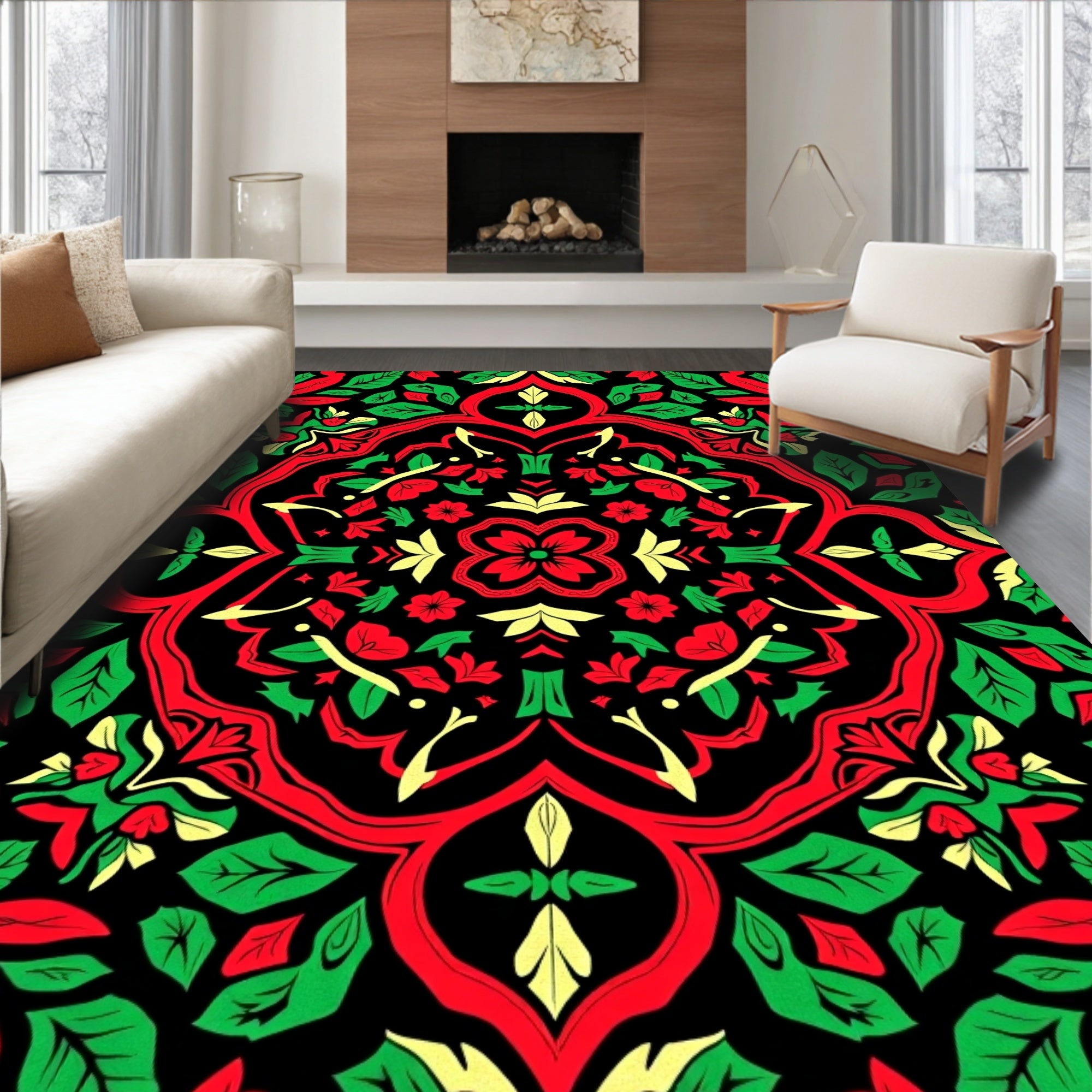 Crimson Green Floral Mandala Rug