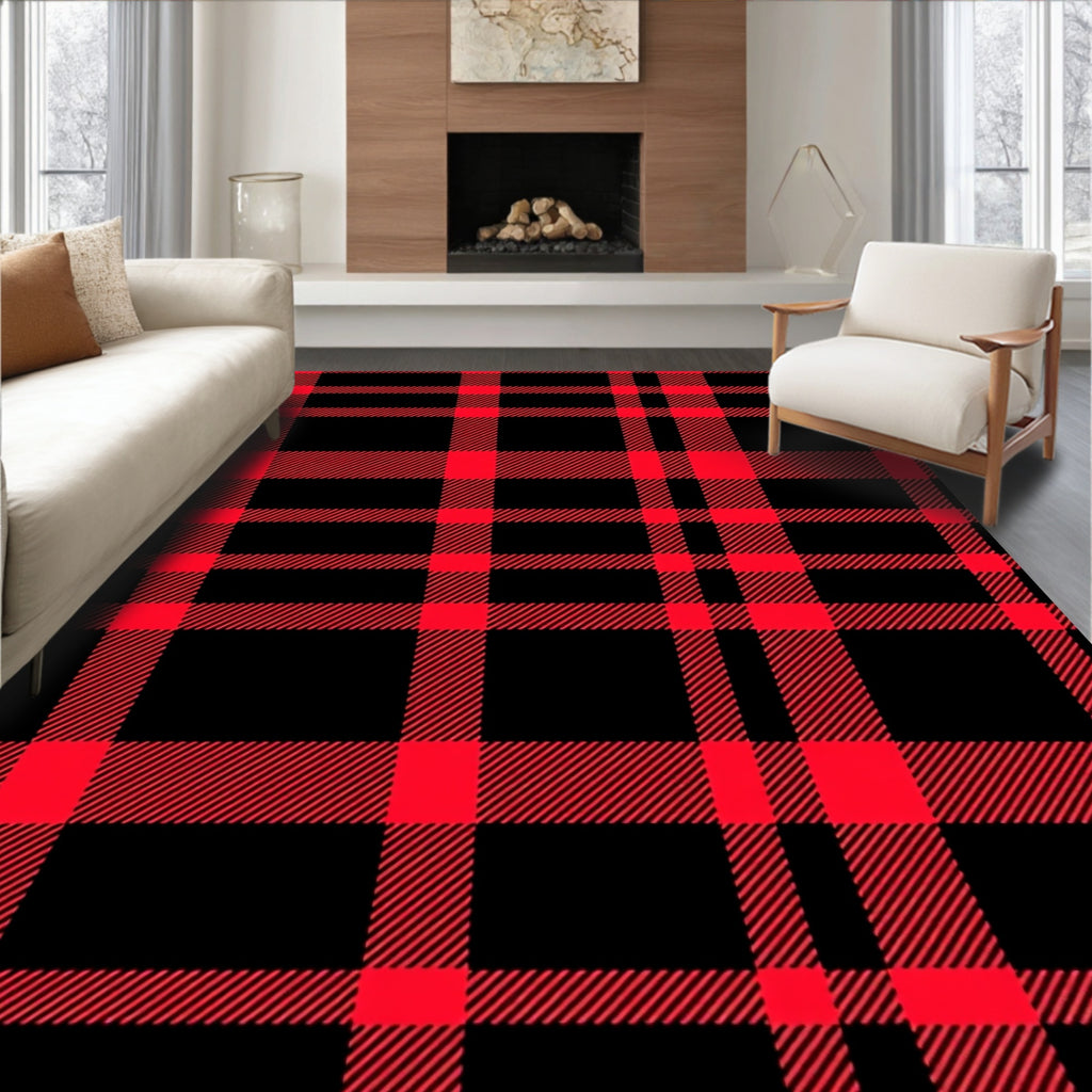Bold Red Black Plaid Weave Rug
