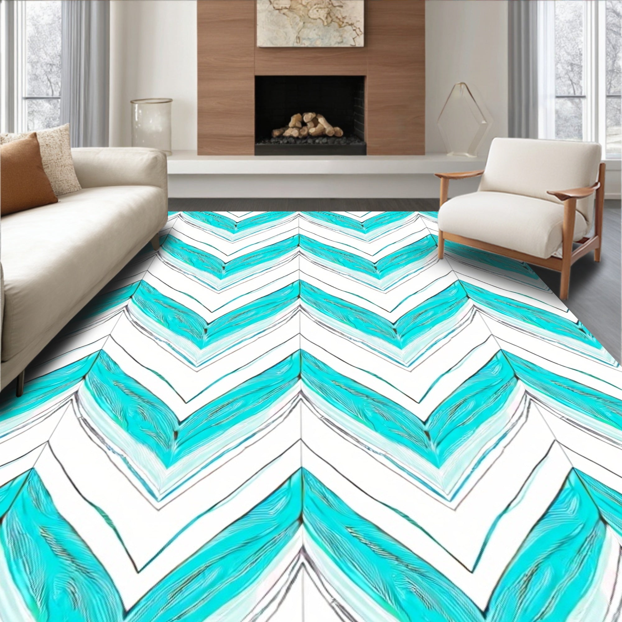 Chevron Aqua Feather Lines Rug