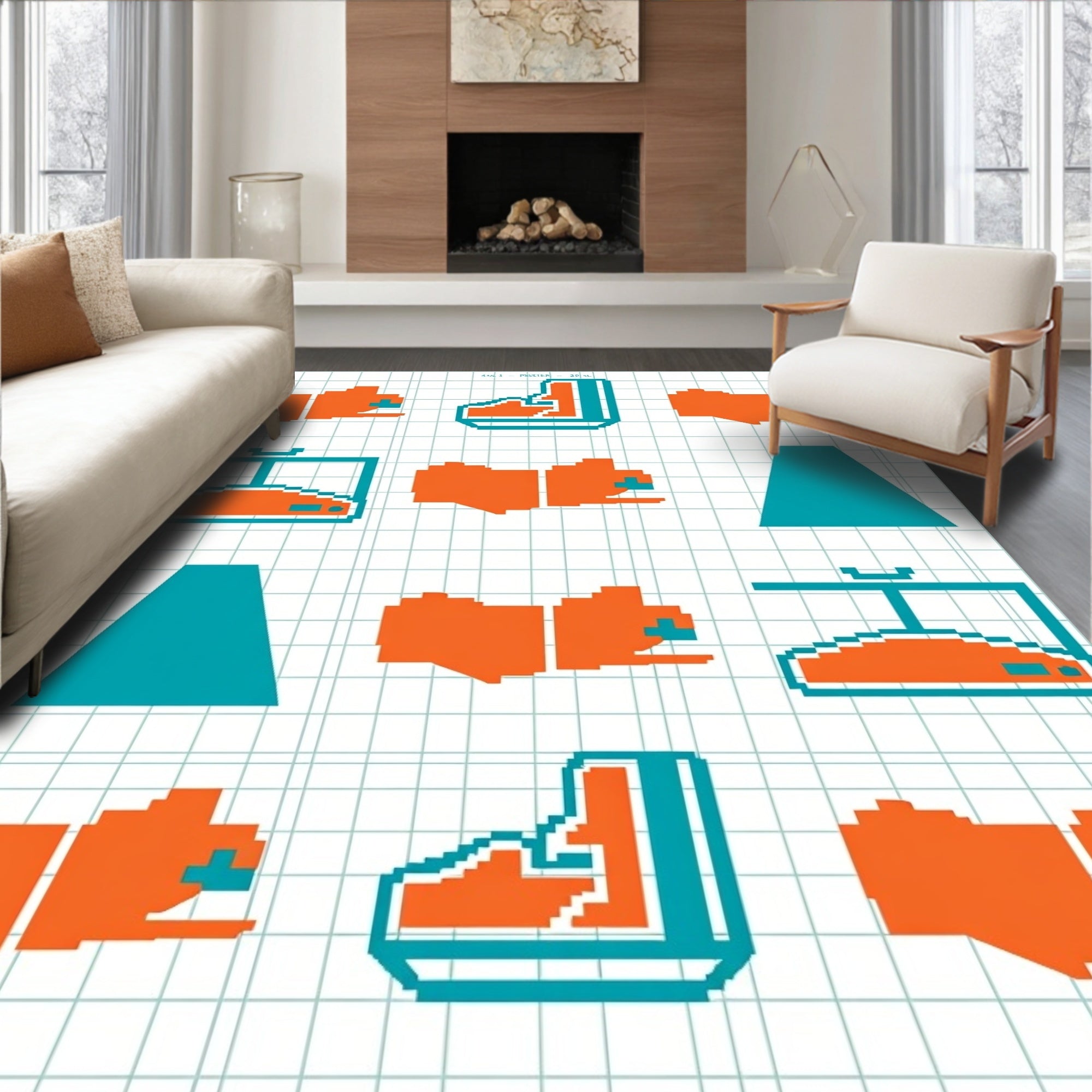 Orange Teal Pixelated Animal Icons Rug