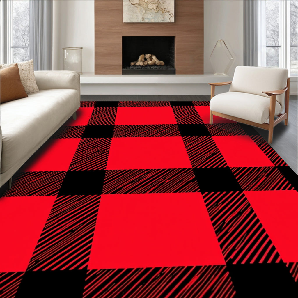 Bold Plaid Crimson Black Checkered Rug