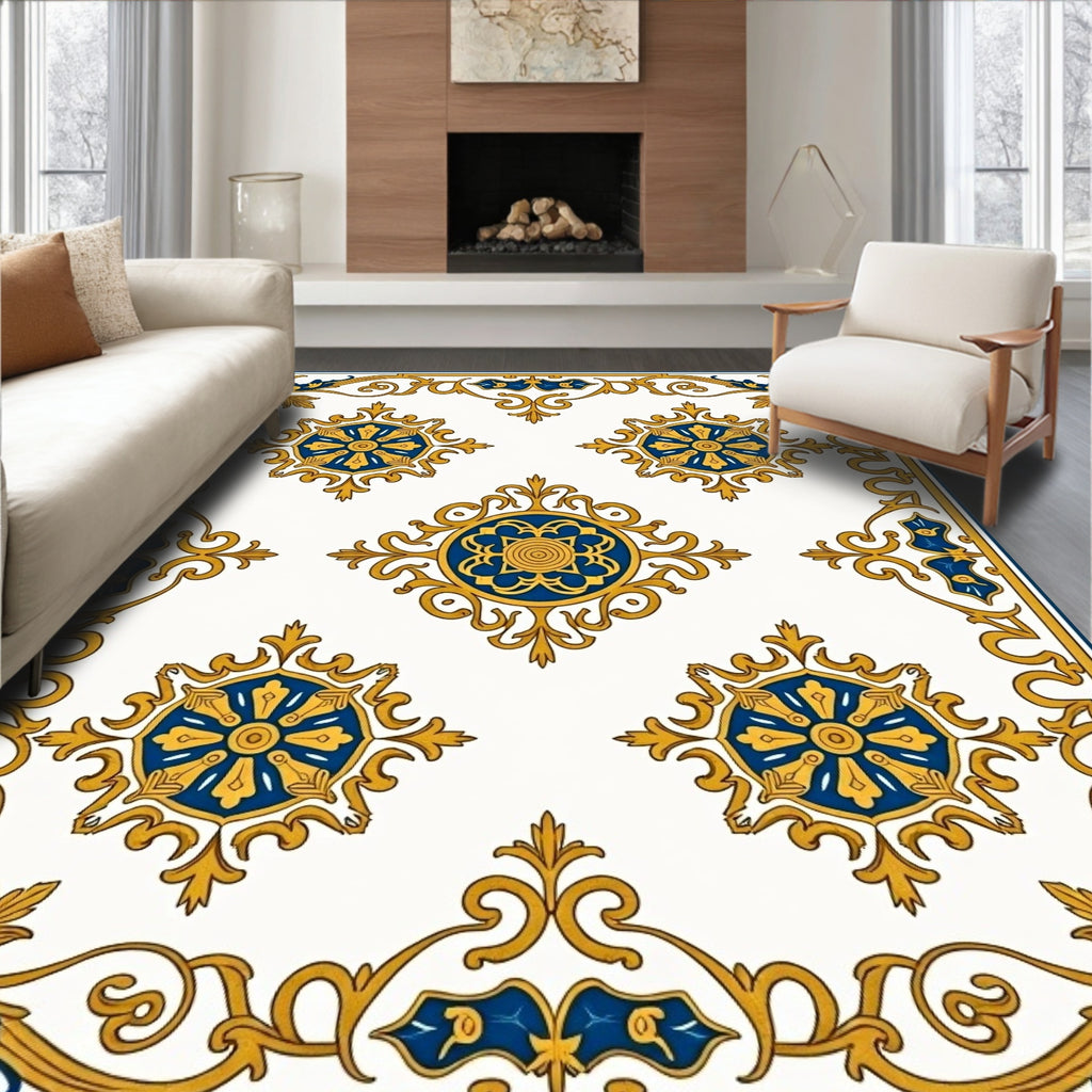 Intricate Gold Blue Floral Medallion Frame Rug