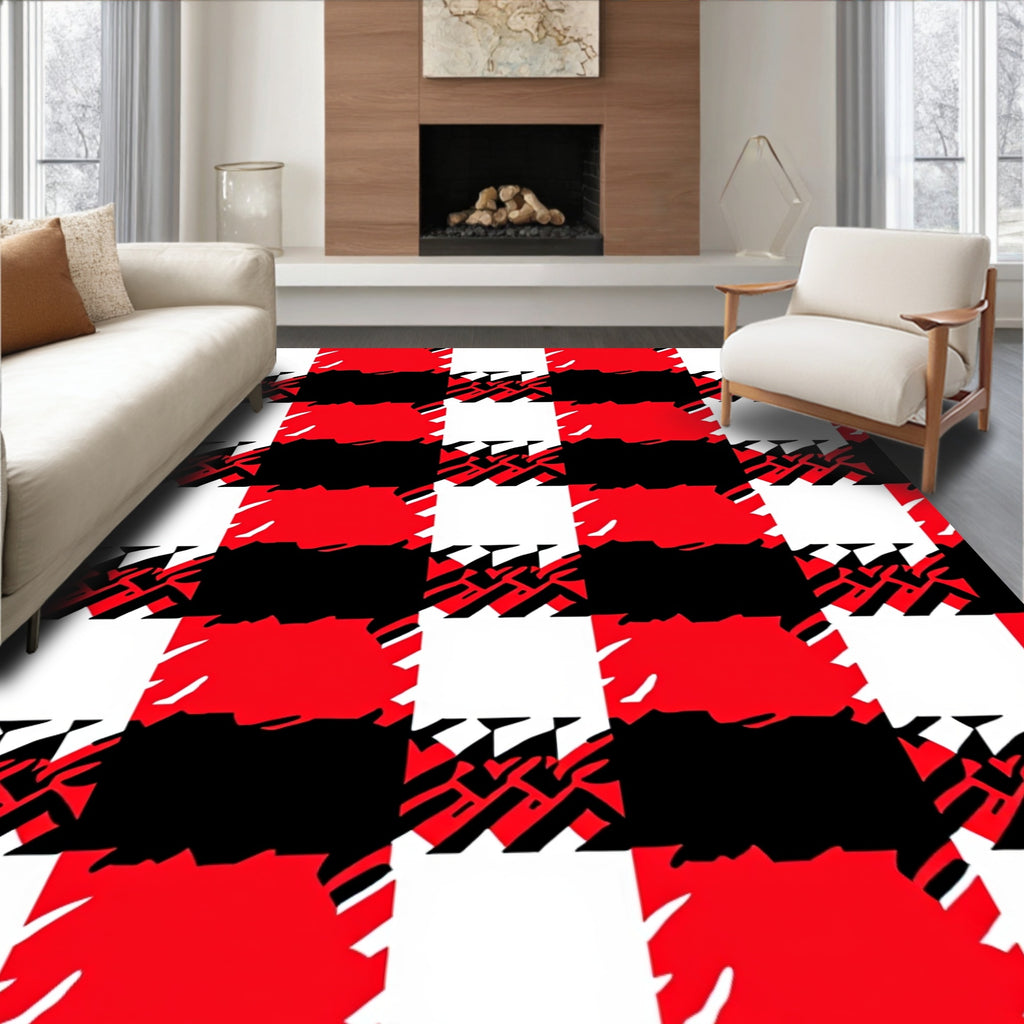 Bold Red Black White Houndstooth Check Rug
