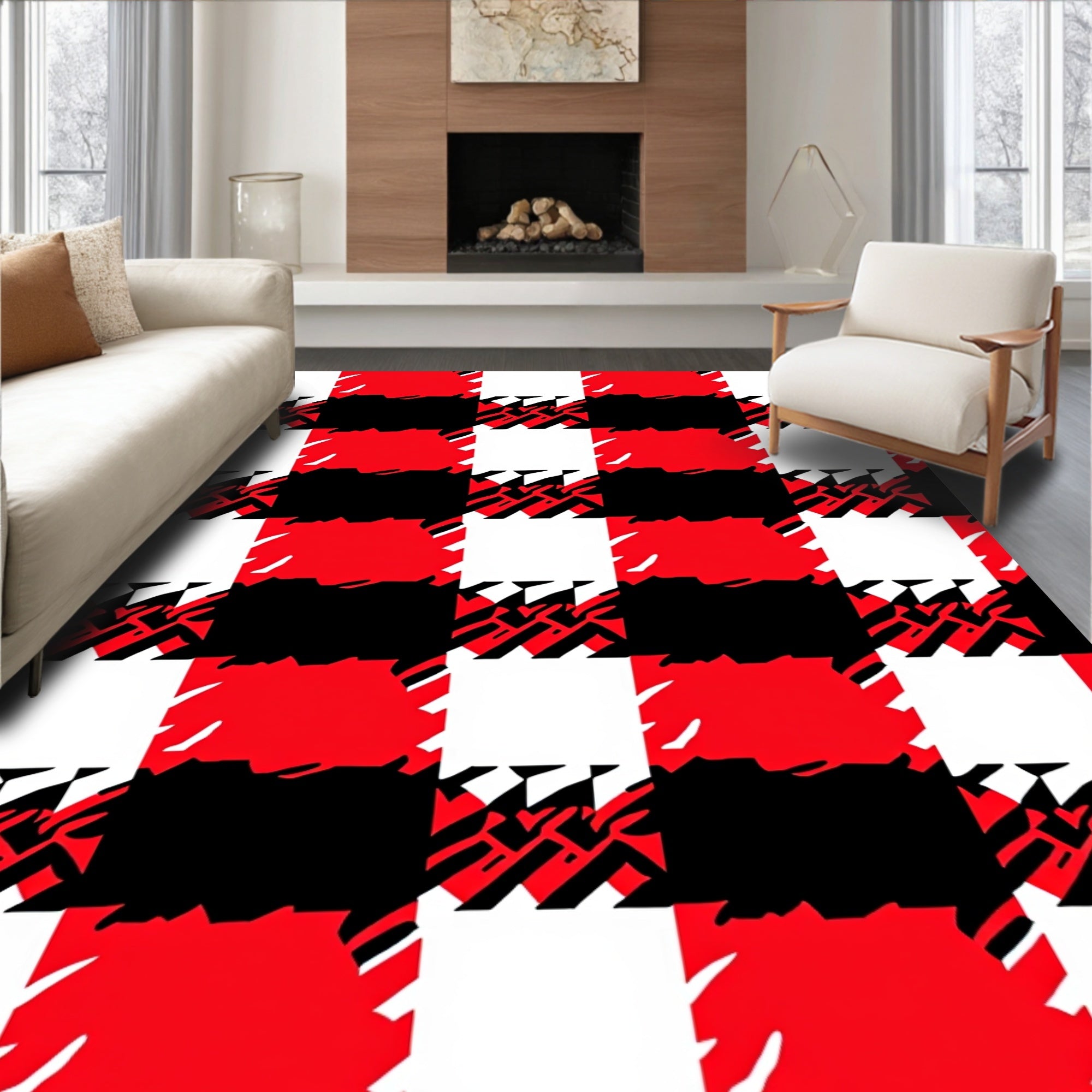 Bold Red Black White Houndstooth Check Rug