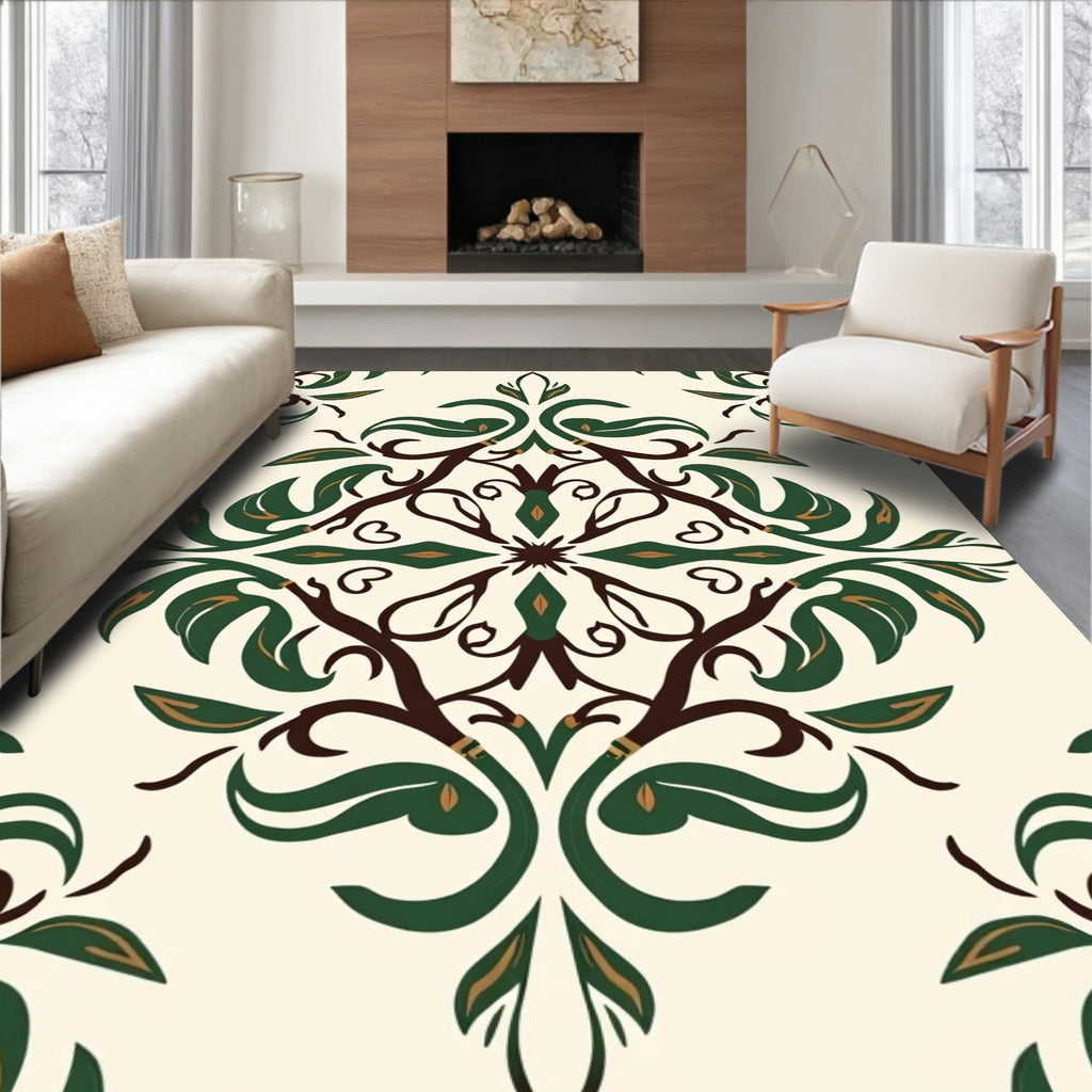 Cream Green Brown Floral Damask Rug