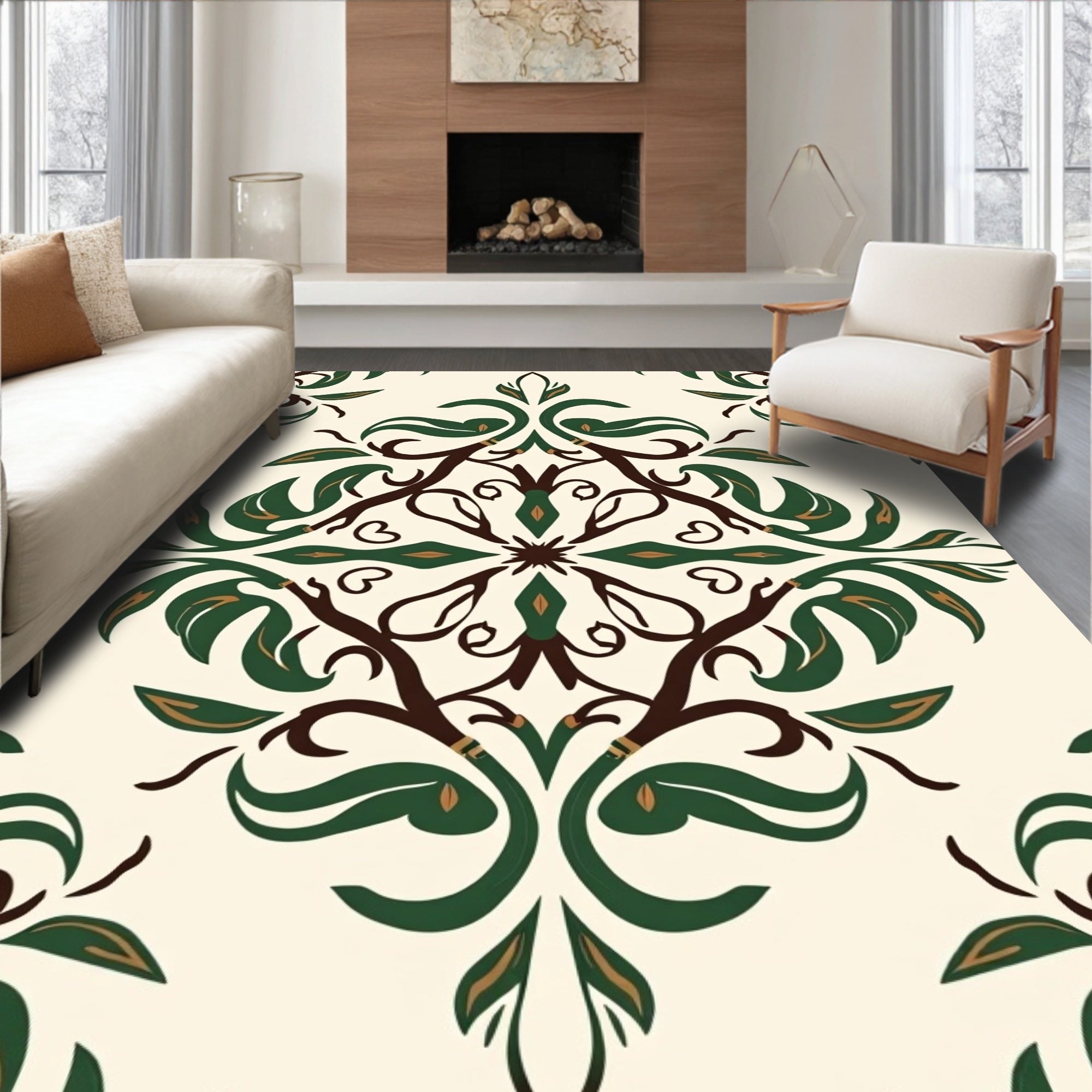 Cream Green Brown Floral Damask Rug