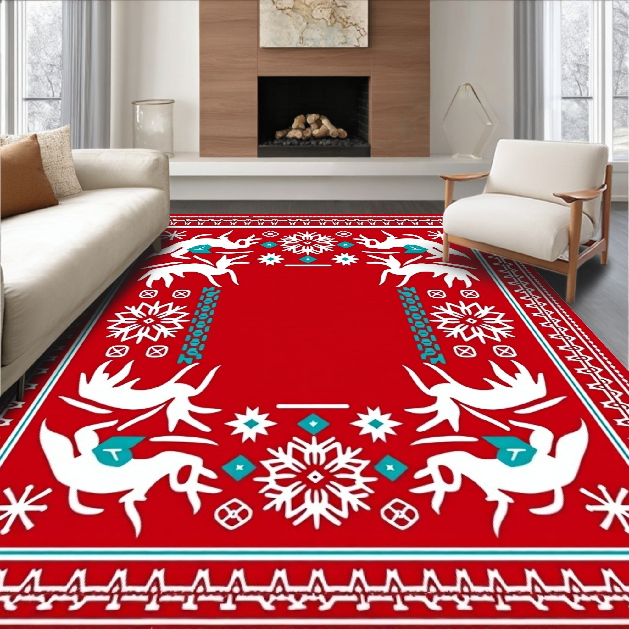 Bold Red Woodland Animal Snowflakes Rug