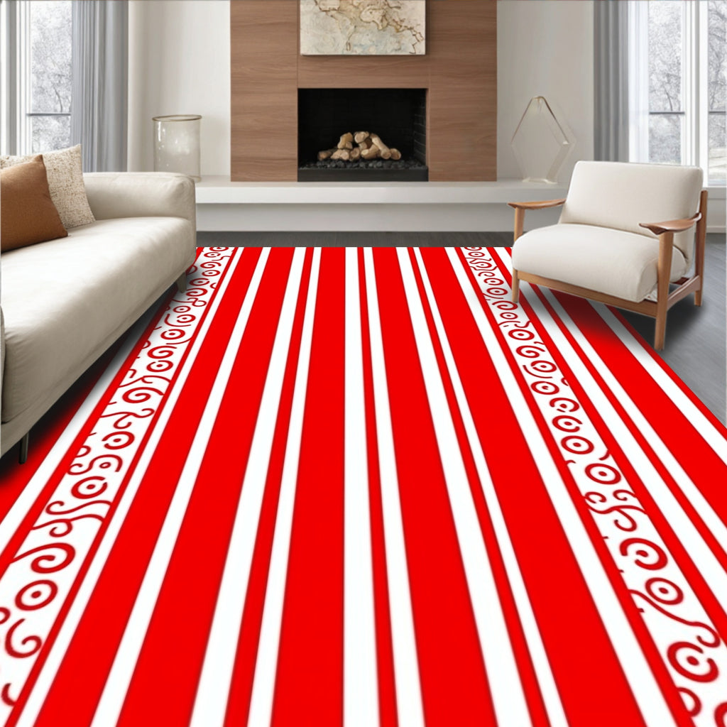 Bold Red White Vertical Stripe Scroll Rug