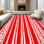 Bold Red White Vertical Stripe Scroll Rug