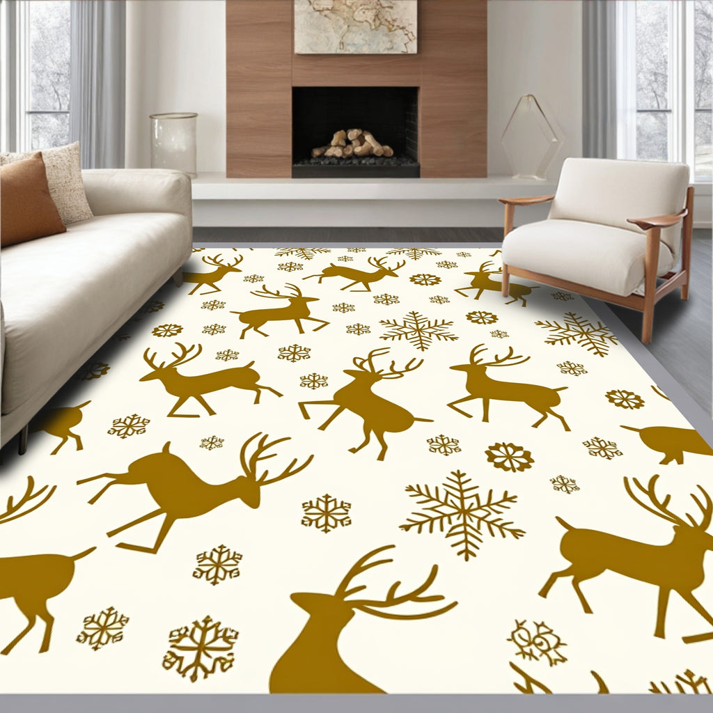 Golden Reindeer Snowflake Woodland Scene Rug
