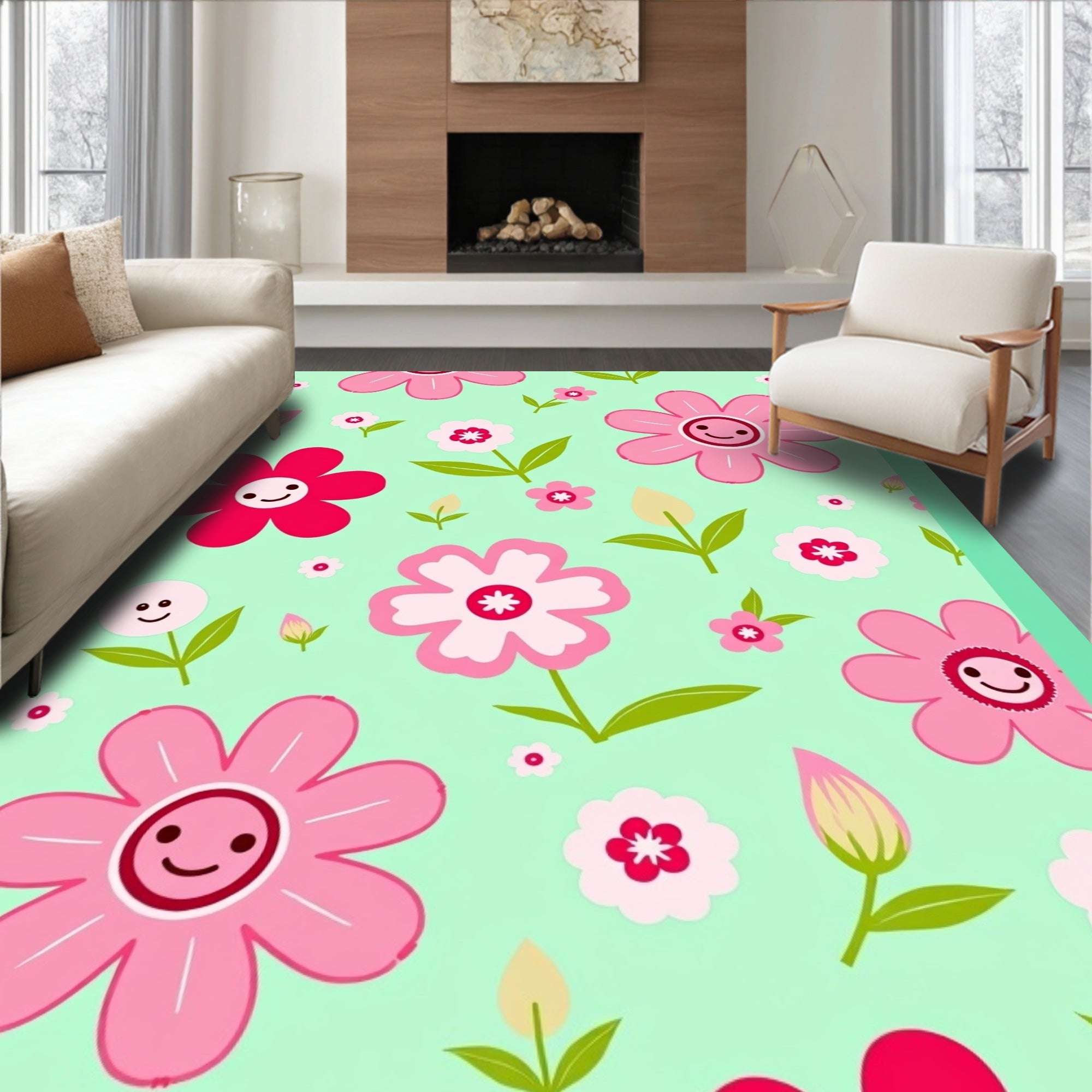 Pink and Red Flowers on Mint Background Rug