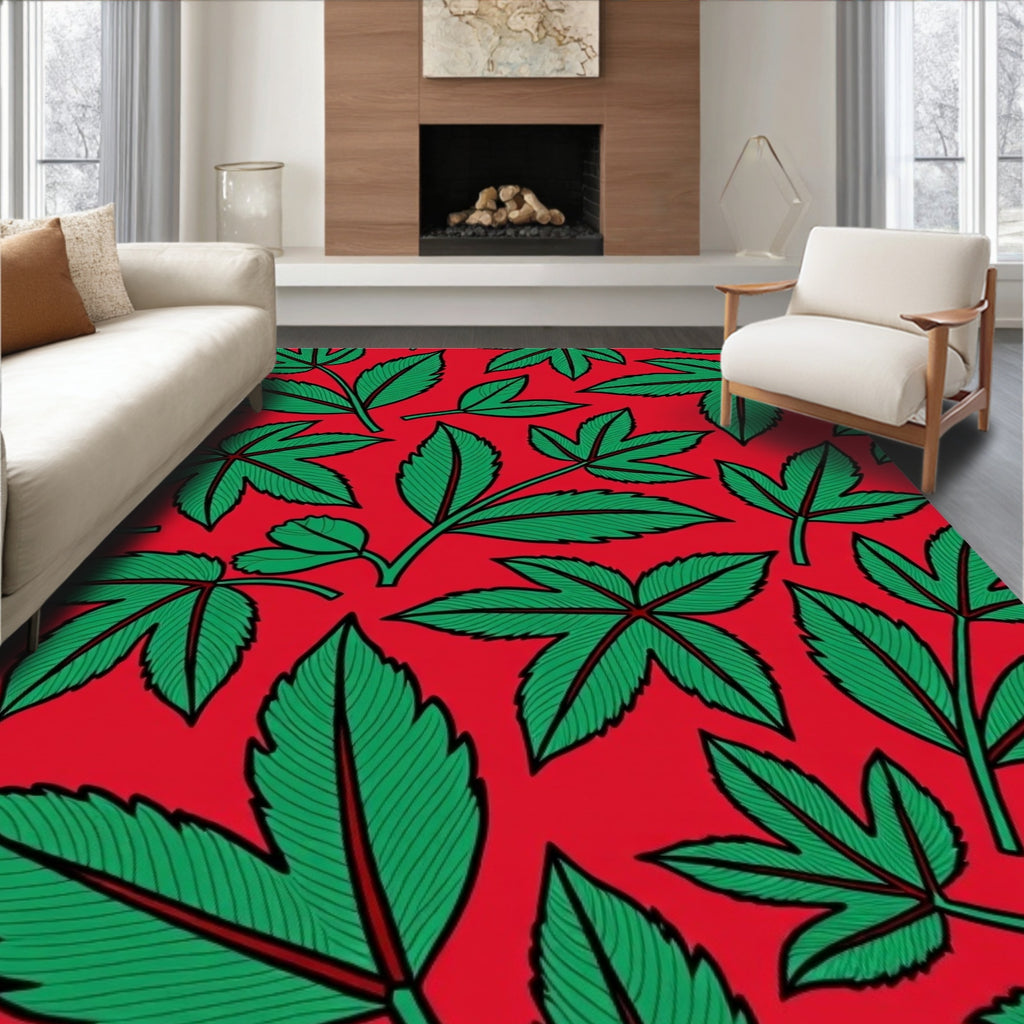 Vibrant Red Green Leafy Foliage Rug