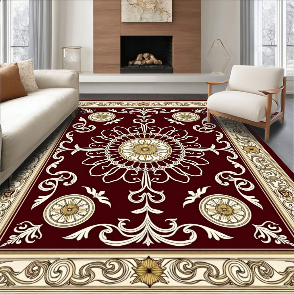 Rich Crimson Floral Scroll Medallion Rug