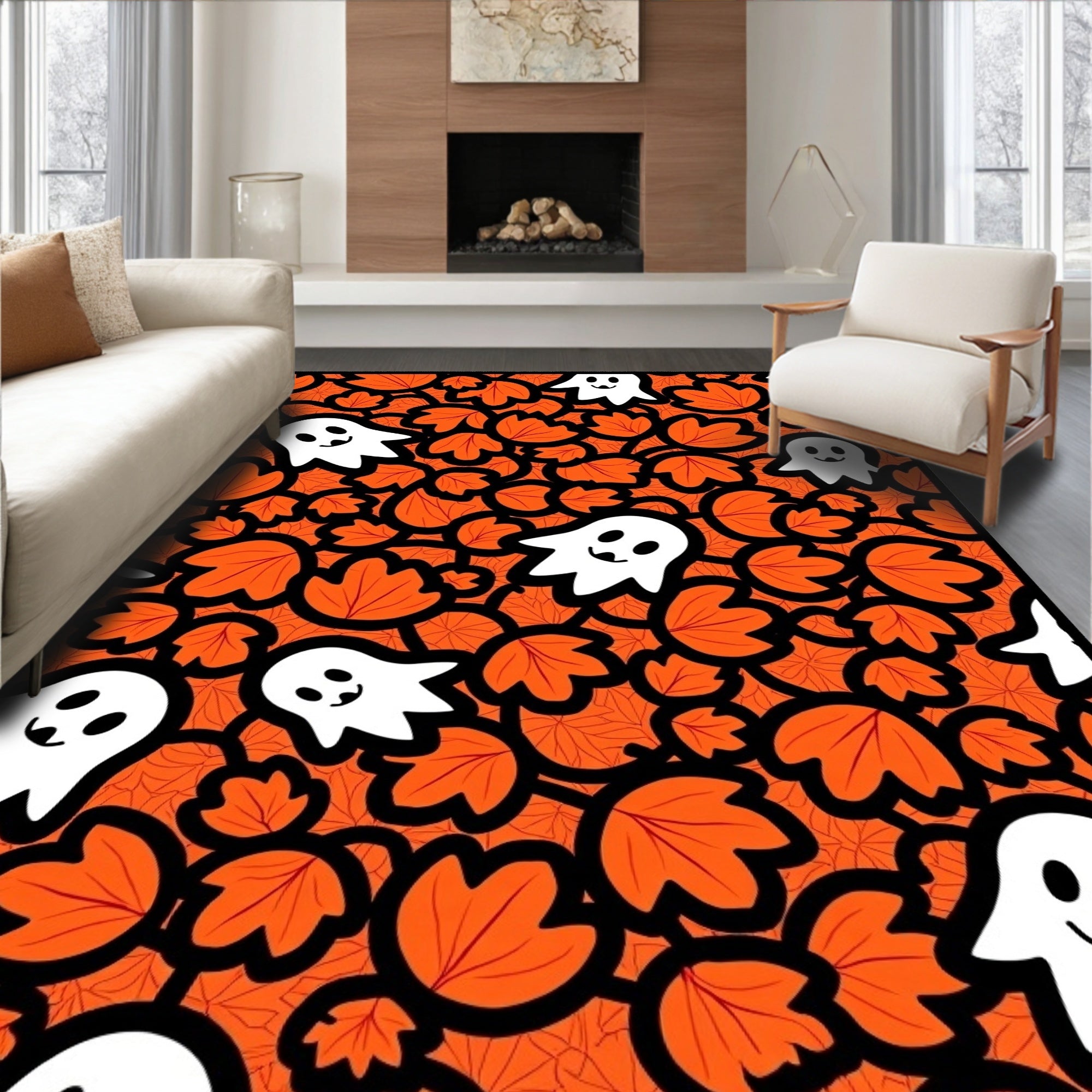 Spooky White Ghosts Orange Leafy Background Rug