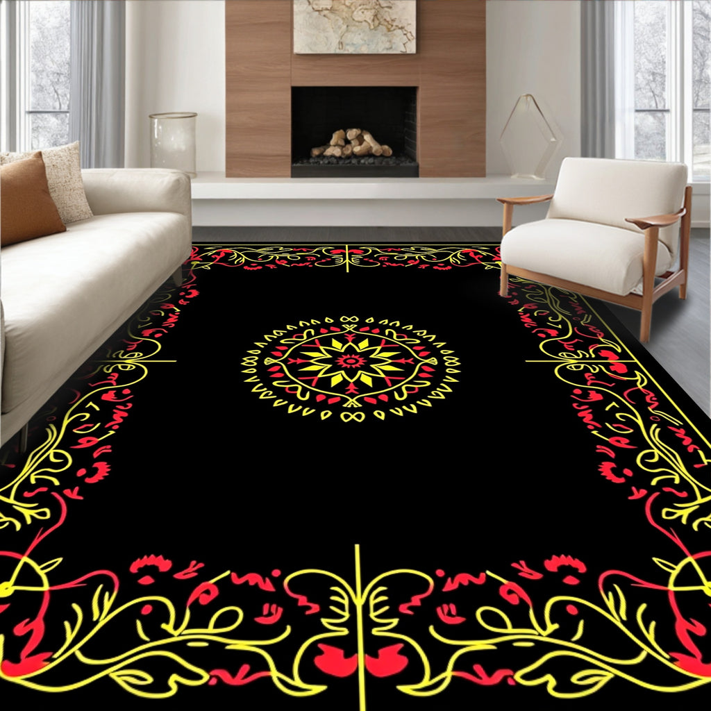 Red Yellow Floral Scroll Medallion Frame Rug