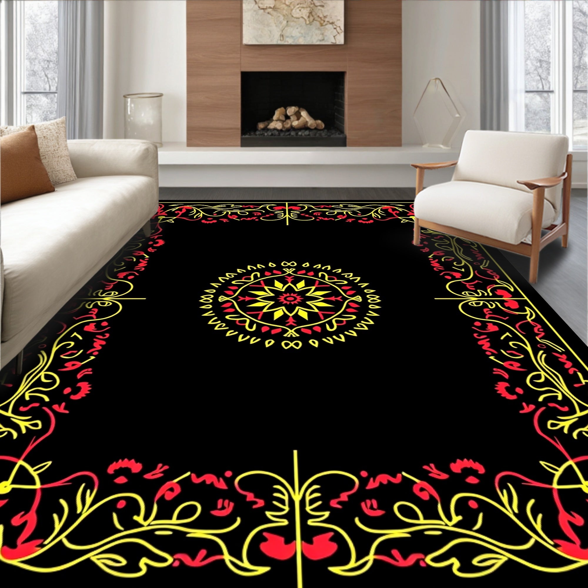 Red Yellow Floral Scroll Medallion Frame Rug