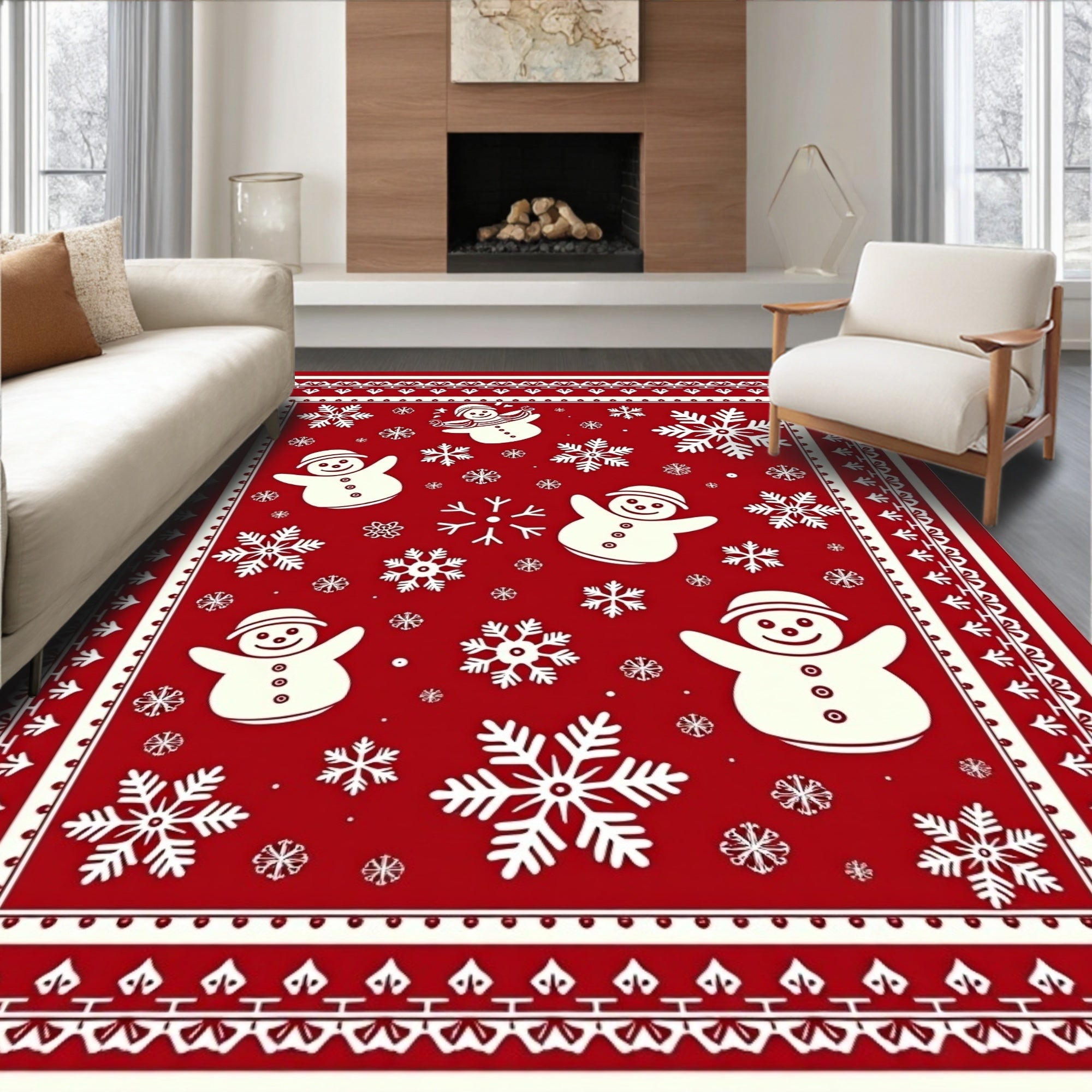 Joyful Red Snowman Snowflake Celebration Rug