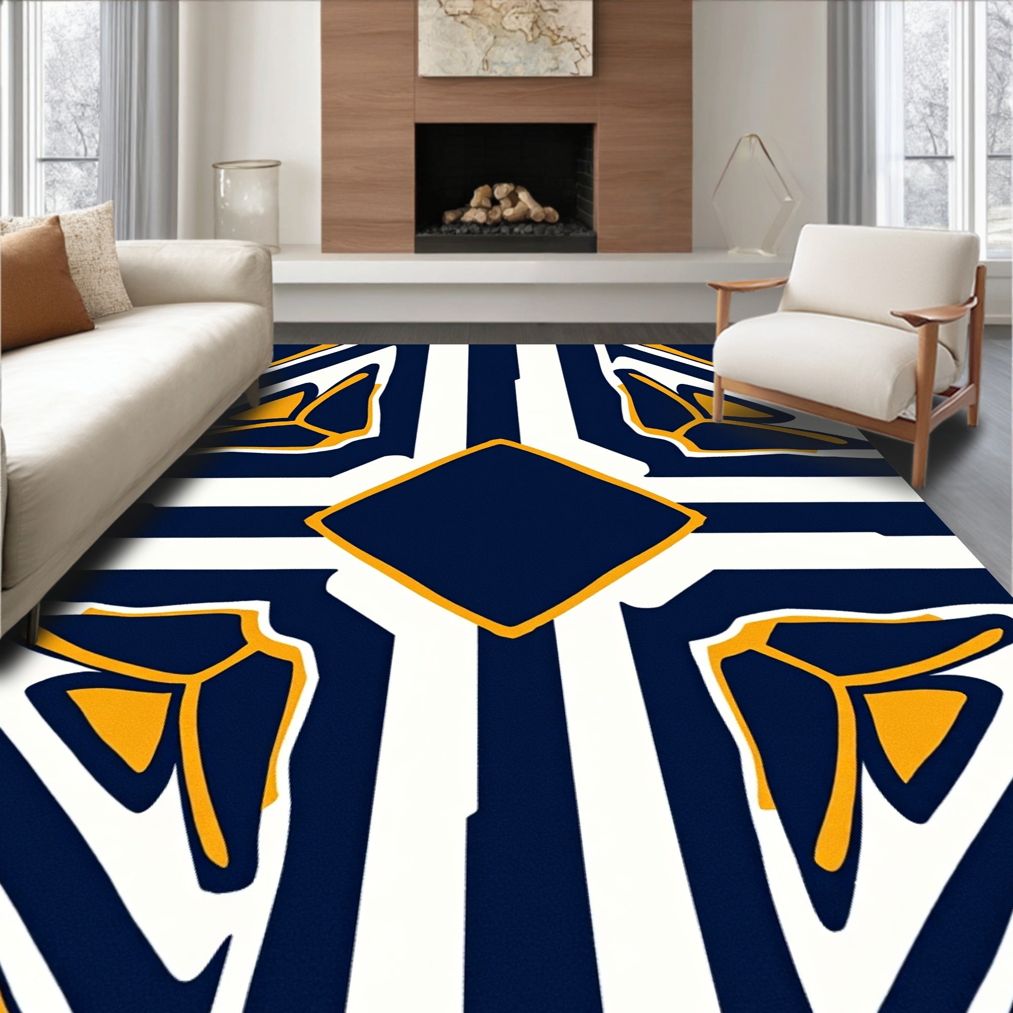 Bold Navy Yellow Geometric Diamond Rug