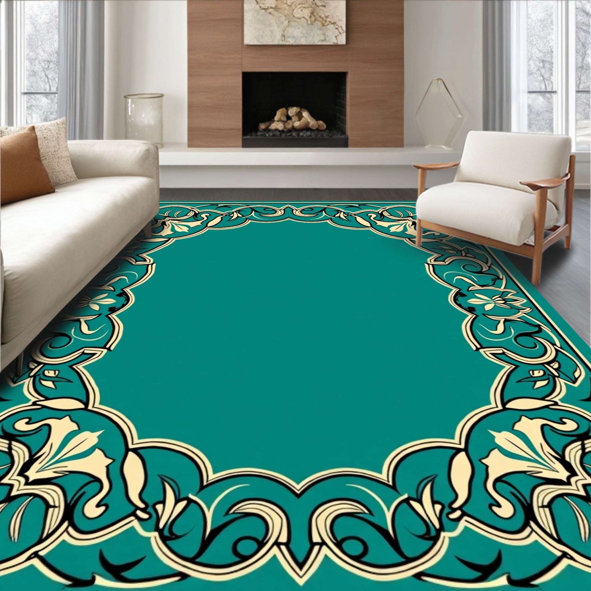 Ornate Teal and Cream Floral Arch Rug