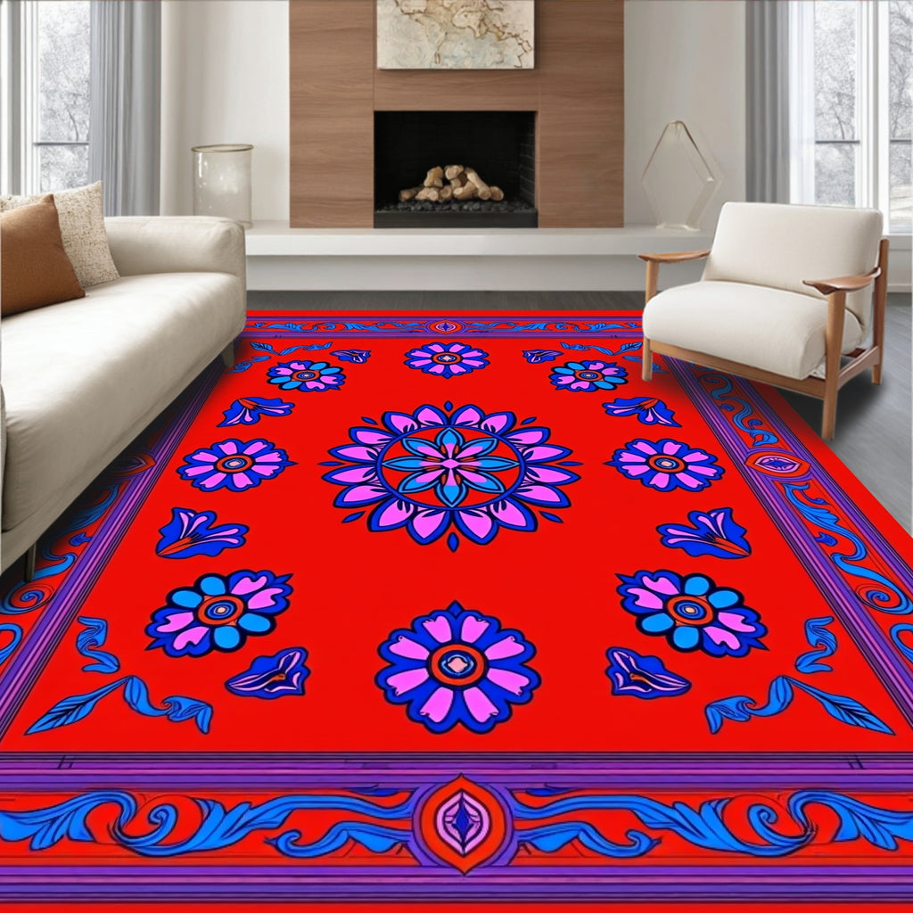 Red Blue Pink Floral Medallion Rug