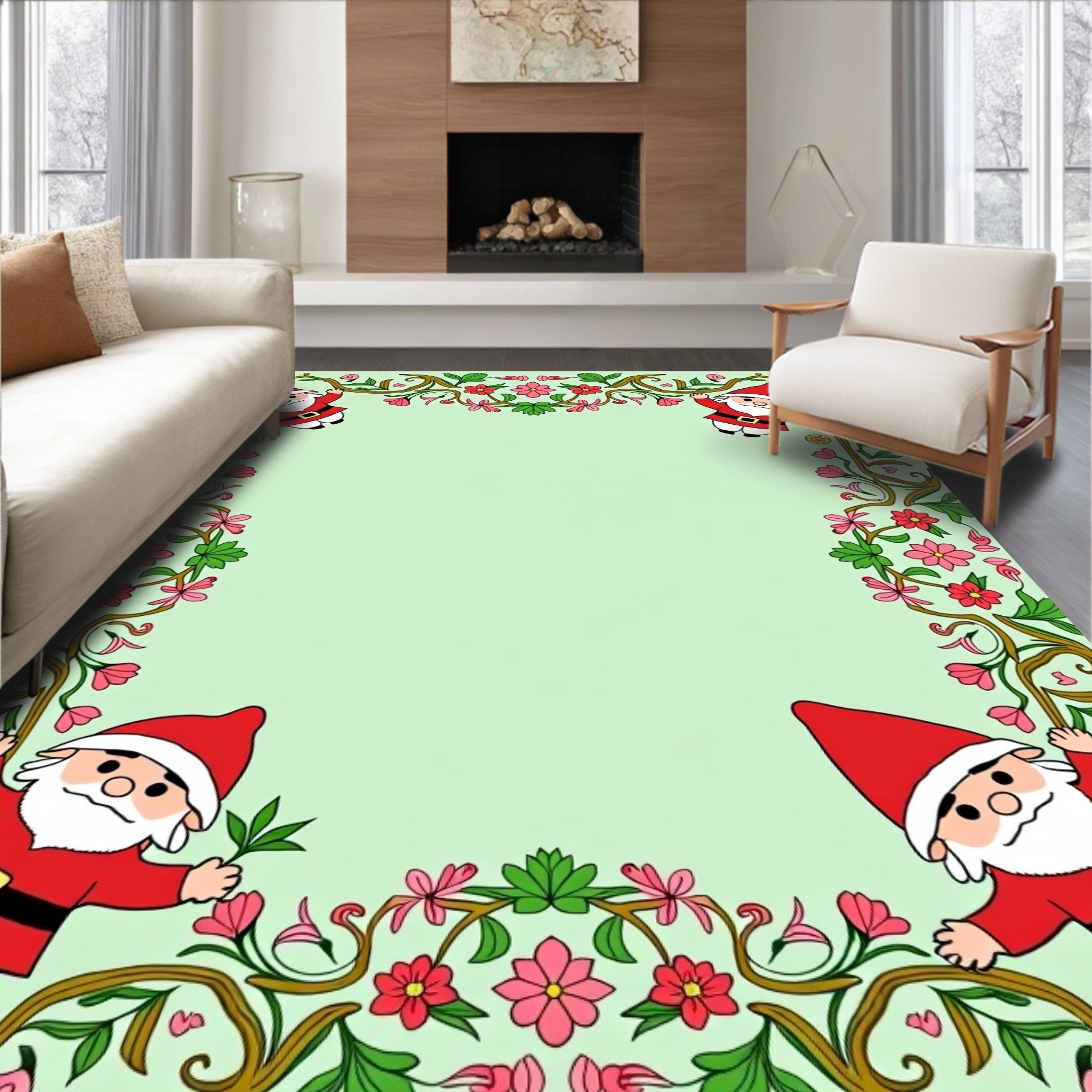 Whimsical Santa Gnome Floral Vine Rug