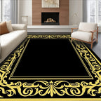 Elegant Gold Scroll Border Black Rug