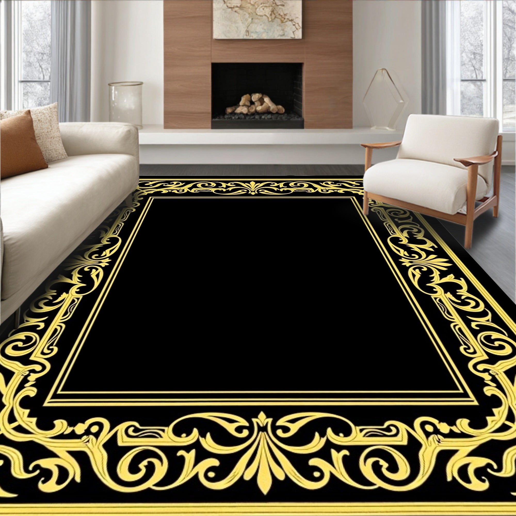 Elegant Gold Scroll Border Black Rug