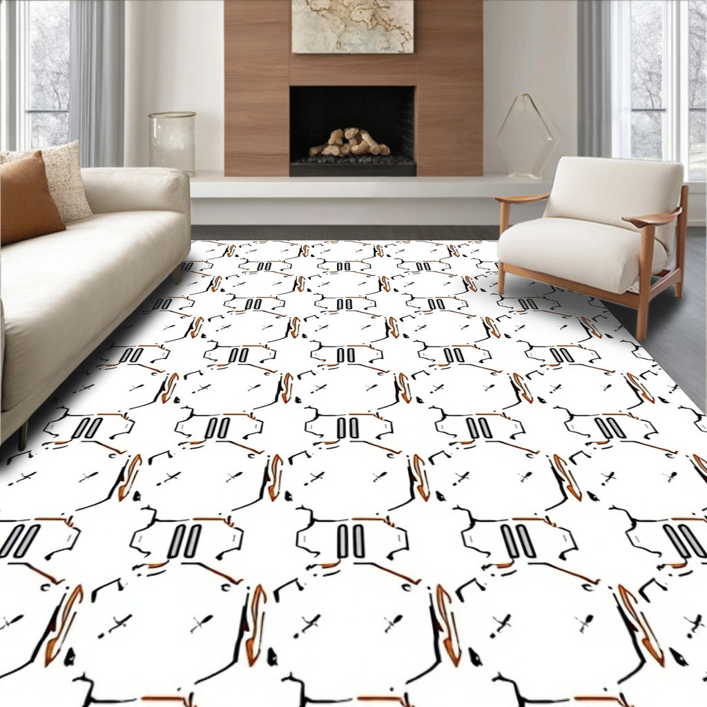 Abstract Hexagonal Circuit Board White Rug