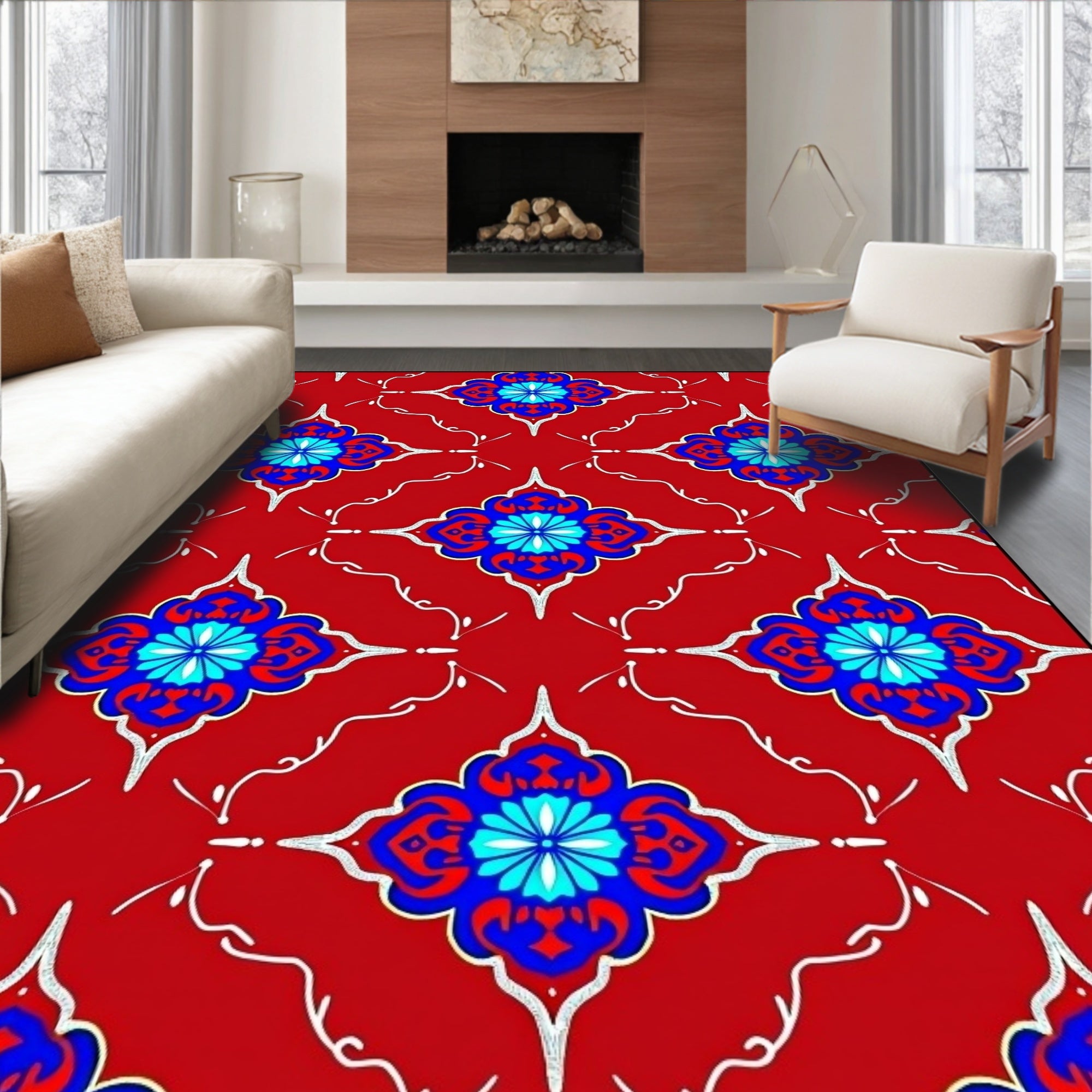 Red Blue Cyan Floral Lattice Rug