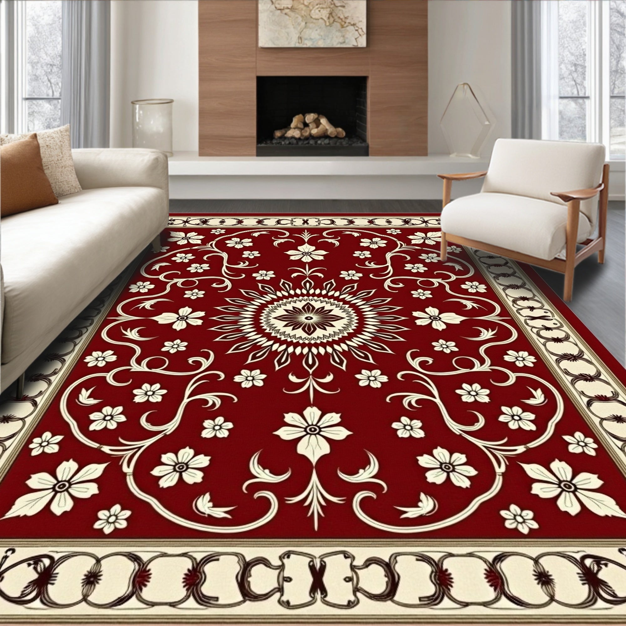 Deep Red Abundant Floral Lattice Rug