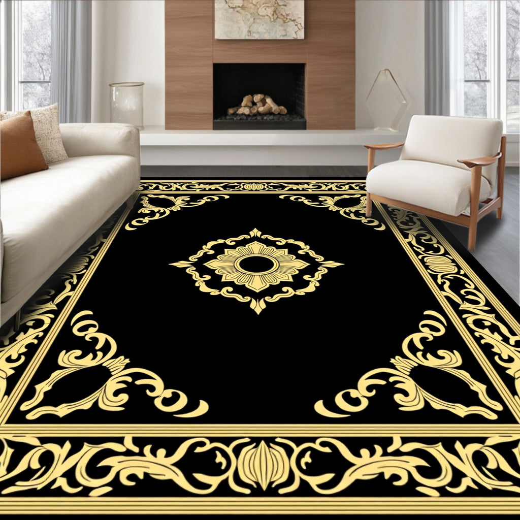 Golden Floral Medallion Black Background Rug