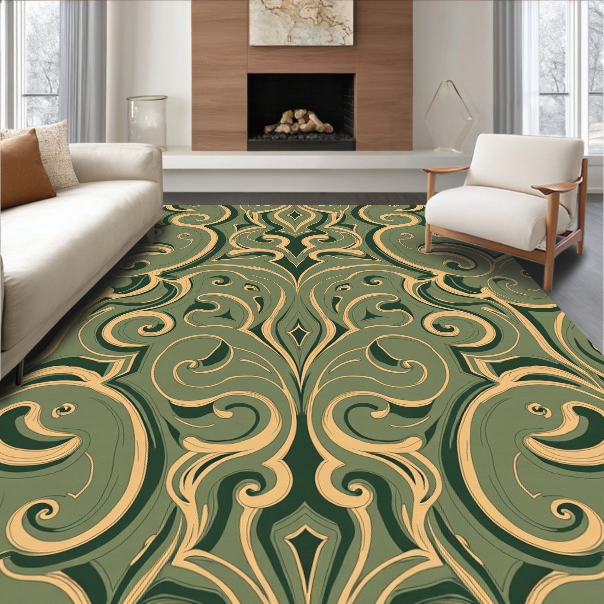 Emerald Gold Scrolling Damask Rug