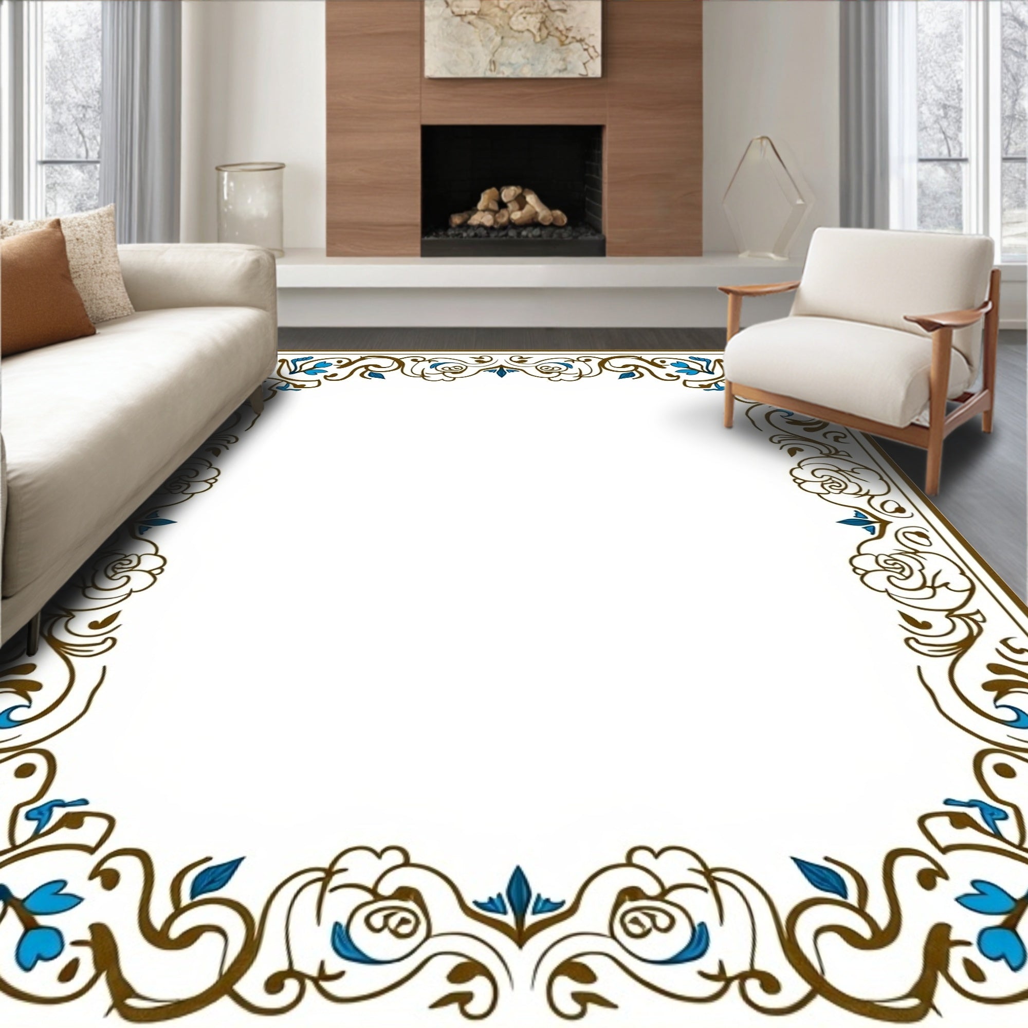 Golden Brown Blue Floral Scroll Rug