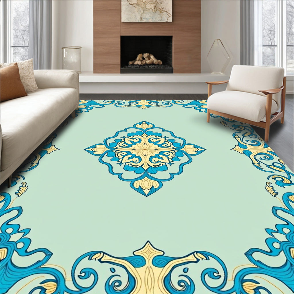 Luminous Teal Golden Floral Medallion Rug