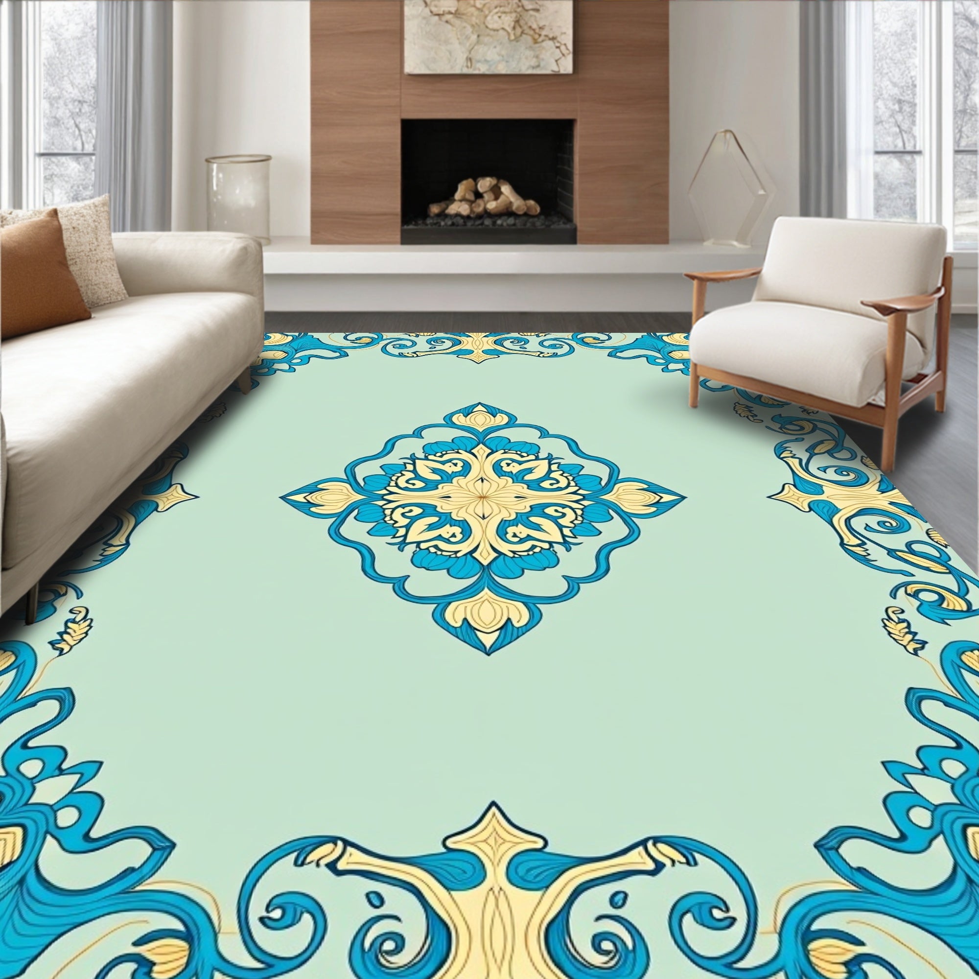 Luminous Teal Golden Floral Medallion Rug